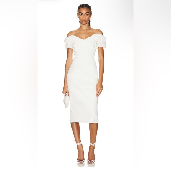 A.L.C. Nora White Midi Dress with off shoulder puff sleeve - Picture 1 of 4